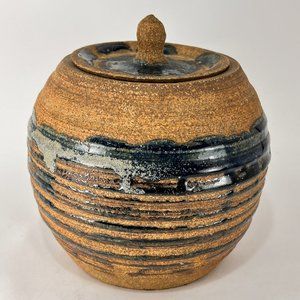 Butter Dish Jar Crock Lid Canister Stoneware Pottery Ribbed Art Farmhouse Rustic